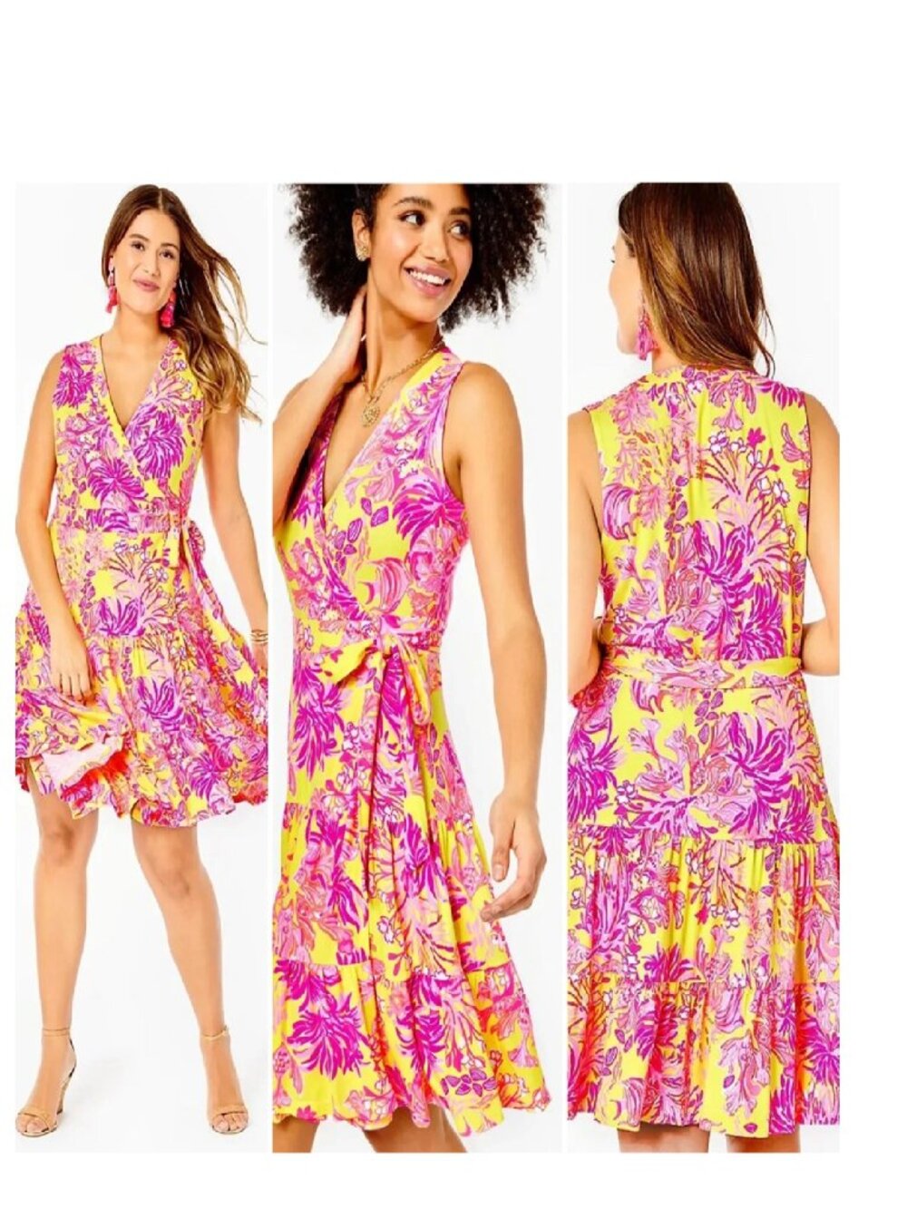 Lilly Pulitzer Folly Floral Wrap Dress Calla Yellow Floral Coral Large NWT